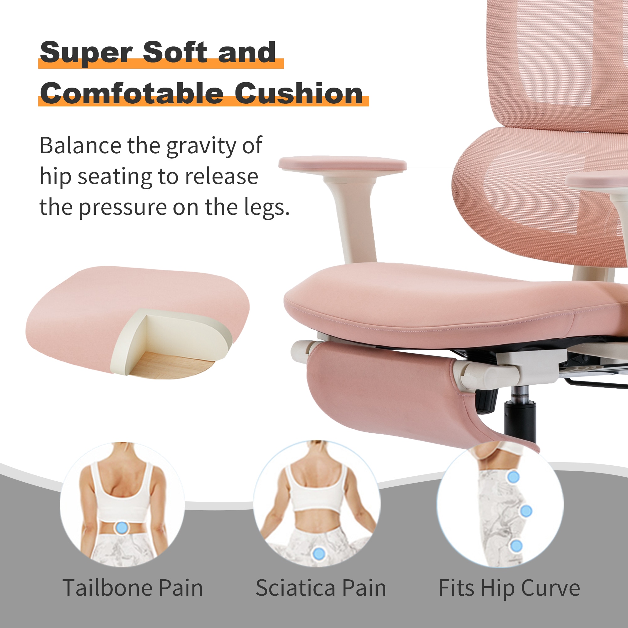 Multi-functional Ergonomic Mesh Office Chair With Adjustable Armrest,Footrest,Lumbar Support, 360° Silent Wheels,Headrest For Home & Office,Pink_voghion.com